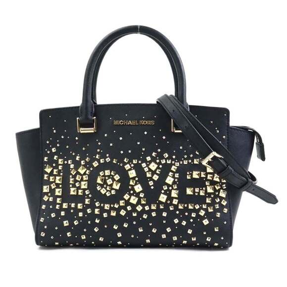 Michael Kors handbag shoulder bag leather metal black gold ladies 56010g